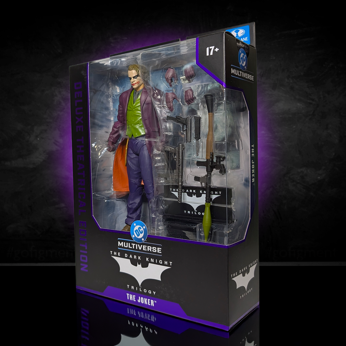 McFarlane Toys DC Multiverse The Dark Knight Joker (Heath Ledger) 7" Action Figure in packaging with accessories and alternate hands.