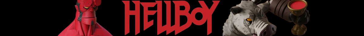 Hellboy logo with a red character and pale creature on a black background