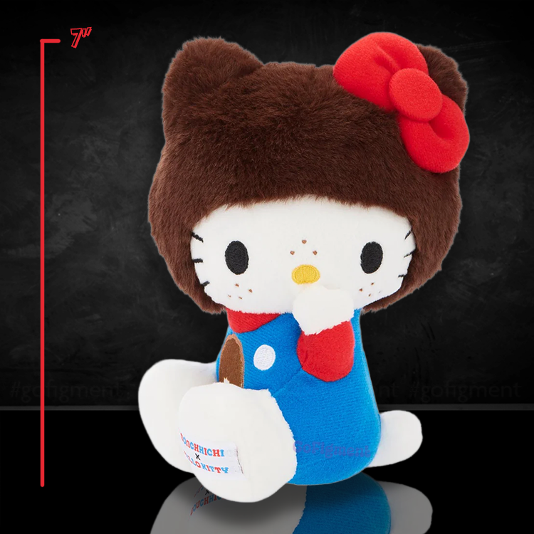Hello Kitty dressed as Monchhichi plush with brown hood, red bow, and blue overalls, limited edition by Sekiguchi