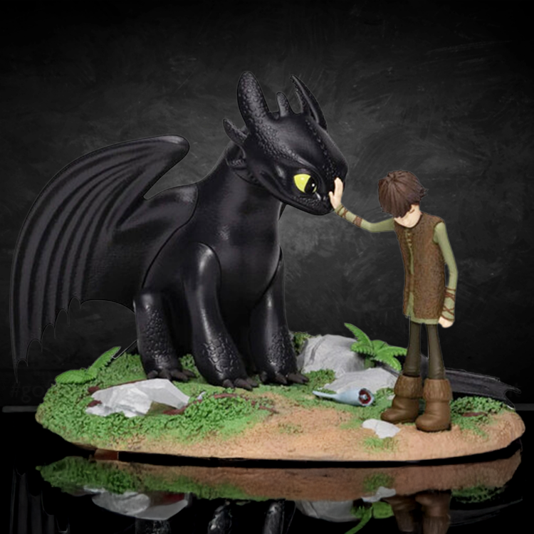 Beast Kingdom statue of Hiccup touching Toothless’s head, capturing their first bond on a detailed natural base.