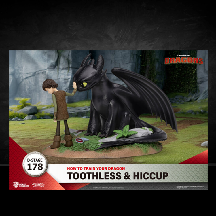 Beast Kingdom D-Stage statue of Toothless and Hiccup sharing a moment on a detailed mossy lakeside base