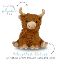 Soft plush Highland cow warm pal with weighted body and limbs for soothing comfort and relaxation