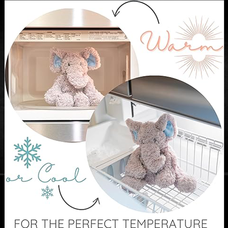 Stuffed elephant plush toy shown microwaving and freezing for warm or cool comfort therapy.