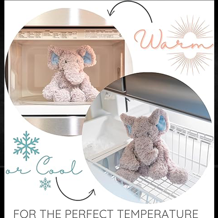 Plush elephant toy shown microwaving and freezing to provide warm or cool comfort for soothing relief.