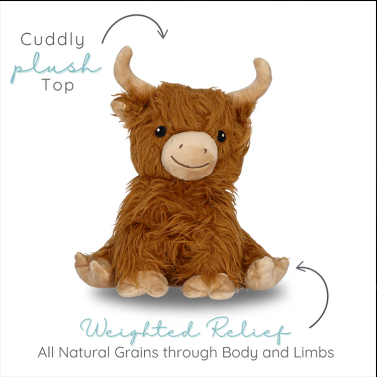Brown Highland Cow plush toy with soft fur and weighted limbs for soothing comfort and relaxation