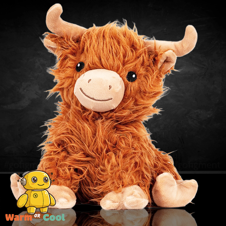 Soft plush highland cow toy with fluffy fur and cute horns, perfect for comforting warmth or cooling relief.
