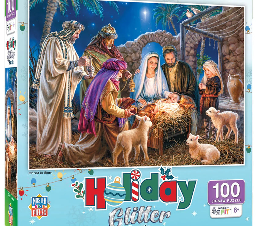 Master Pieces Christ is Born 100 Piece Holiday Glitter jigsaw puzzle with nativity scene illustration in box packaging