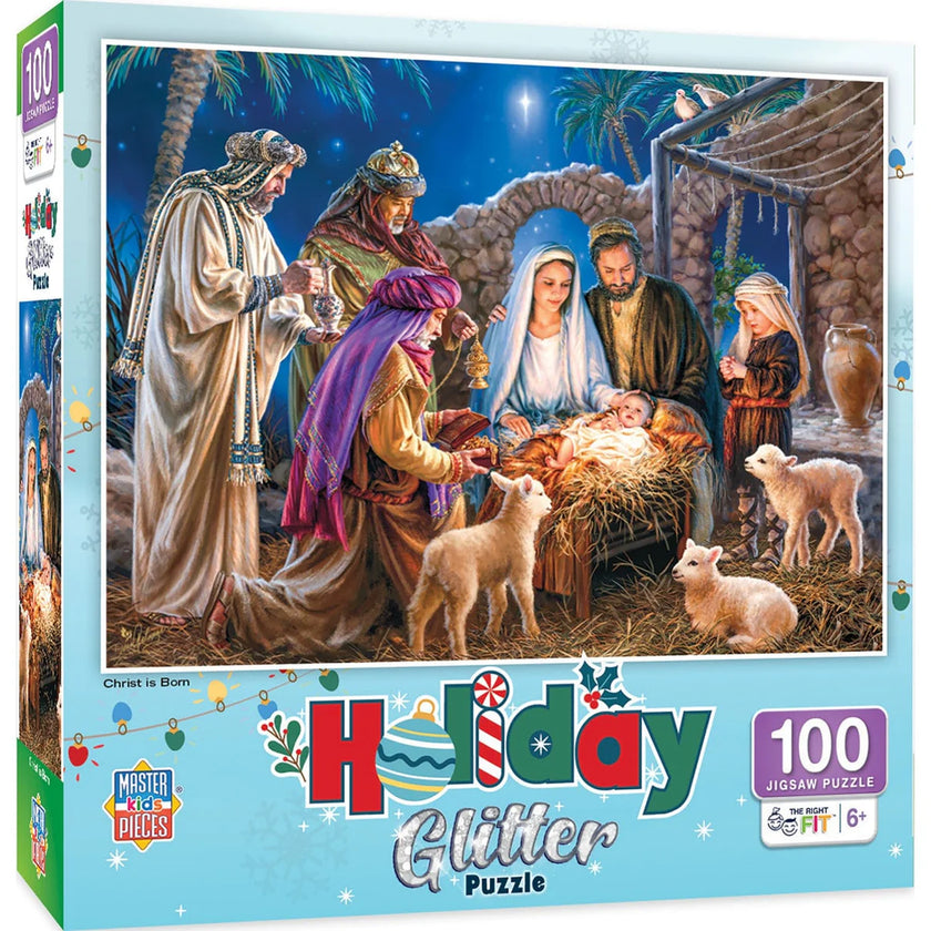 Master Pieces Christ is Born 100 Piece Holiday Glitter jigsaw puzzle with nativity scene illustration in box packaging