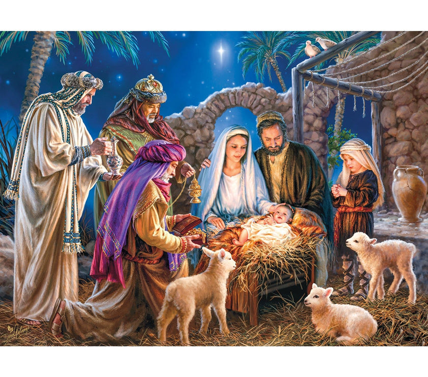 Master Pieces Christ is Born 100 Piece Holiday Glitter Jigsaw Puzzle depicting Nativity scene with Mary, Joseph, shepherds, and lambs