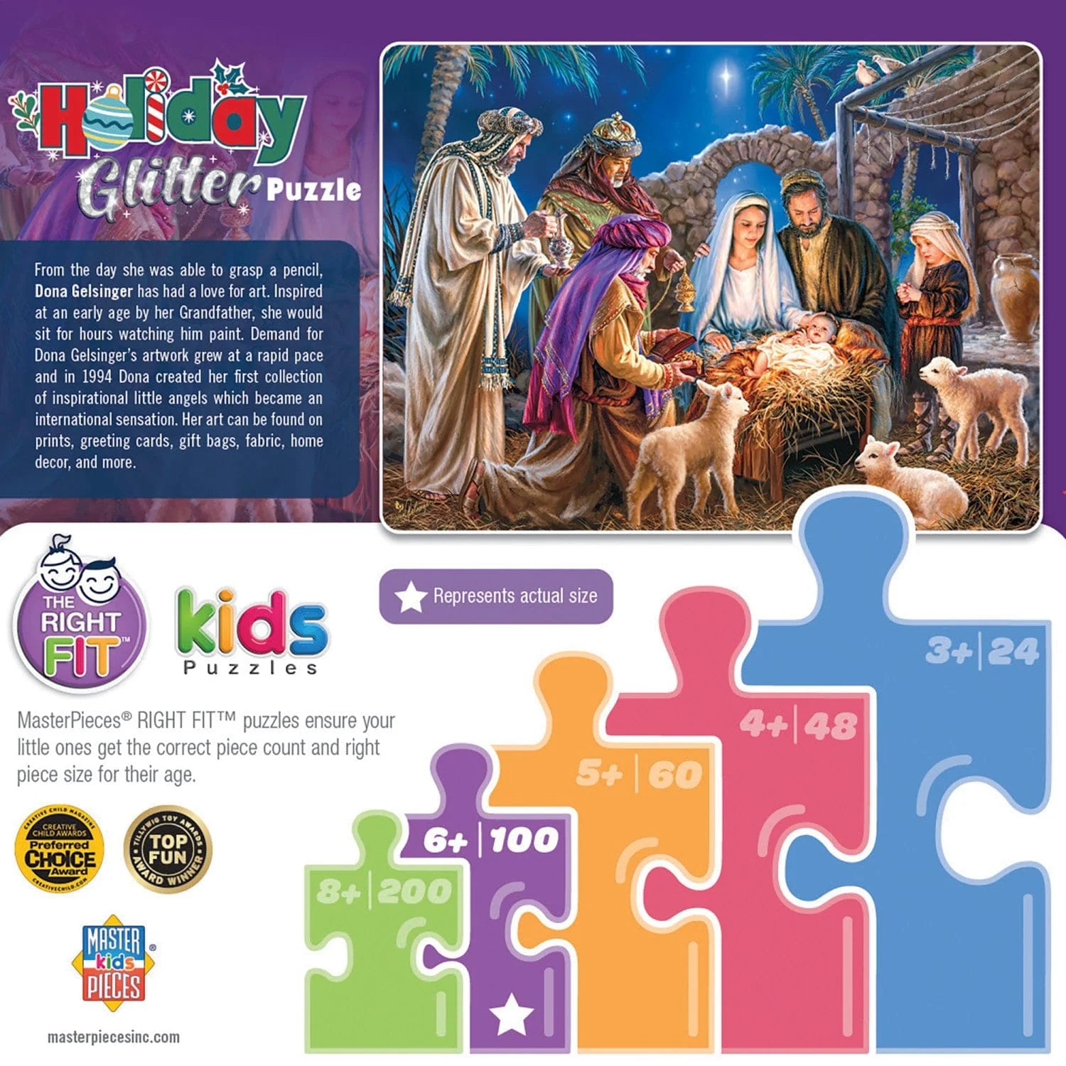 Master Pieces Holiday Glitter Christ is Born 100 Piece jigsaw puzzle with nativity scene and festive packaging