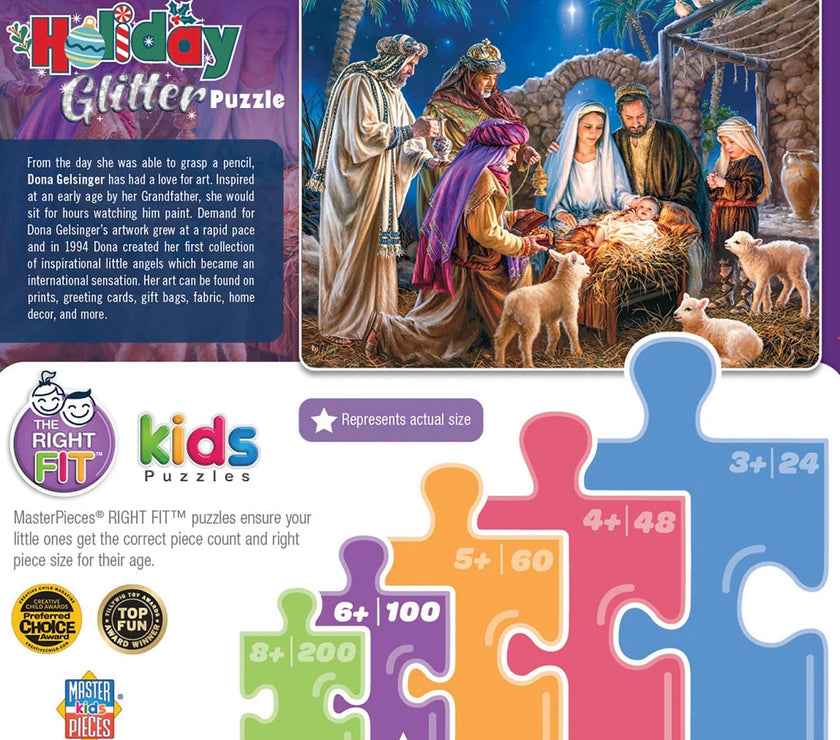 Master Pieces Holiday Glitter Christ is Born 100 Piece jigsaw puzzle with nativity scene and festive packaging