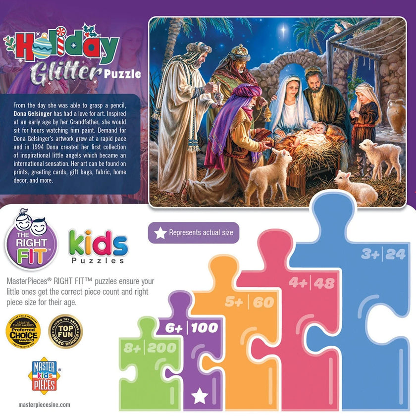 Master Pieces Holiday Glitter Christ is Born 100 Piece jigsaw puzzle with nativity scene and festive packaging