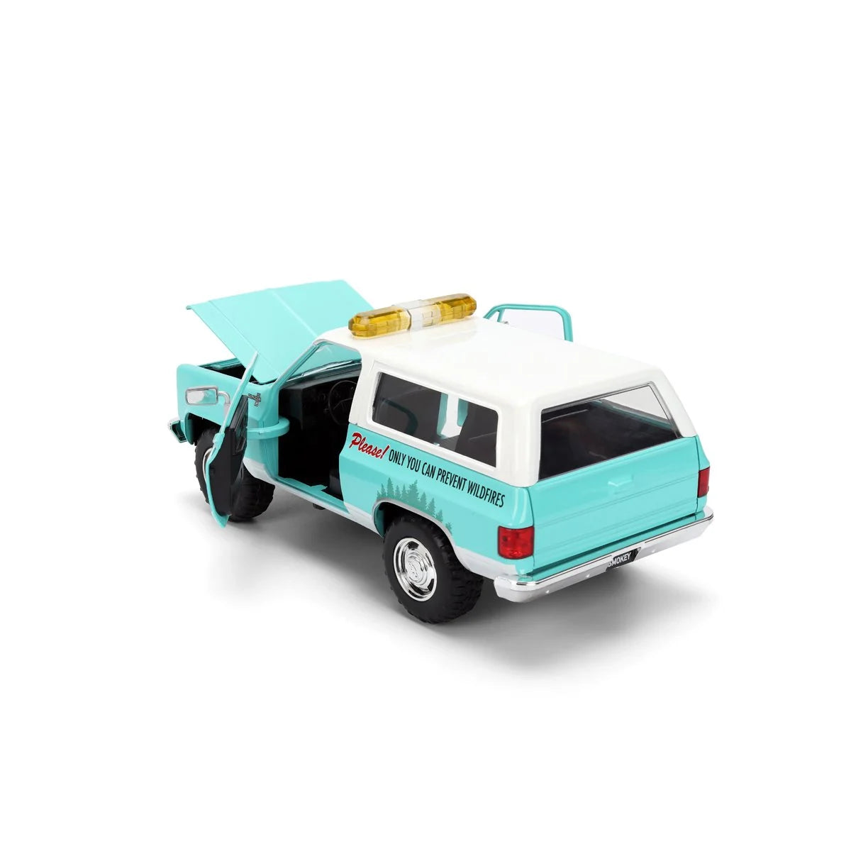 Smokey Bear 1980 Chevy Blazer 1:24 Scale Die-Cast Metal Vehicle with Figure, Jada Toys turquoise white Blazer, open doors