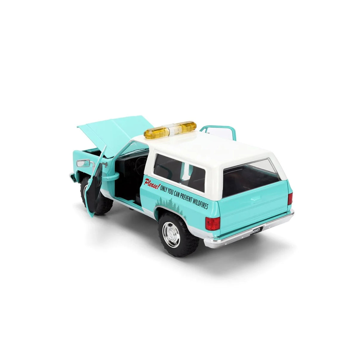 Smokey Bear 1980 Chevy Blazer 1:24 Scale Die-Cast Metal Vehicle with Figure, Jada Toys turquoise white Blazer, open doors