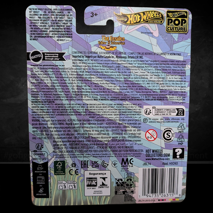 Packaging back of Hot Wheels Premium The Beatles Yellow Submarine diecast car by Mattel with detailed product information.