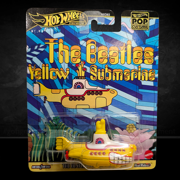 Hot Wheels Premium Beatles Yellow Submarine diecast car in 1:64 scale with detailed design and RealRiders tires.