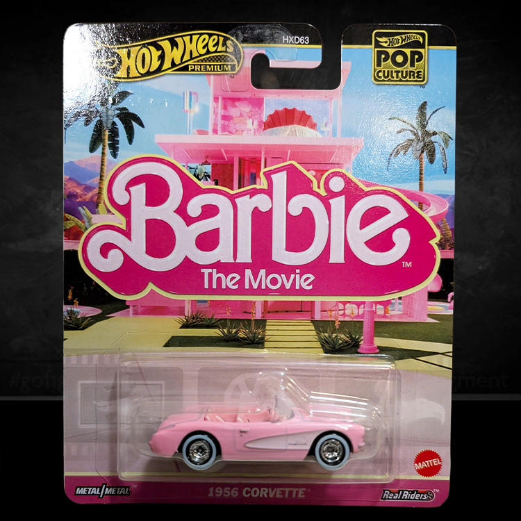 Hot Wheels Premium Barbie The Movie 1956 pink Corvette diecast car with RealRiders tires in collectible packaging