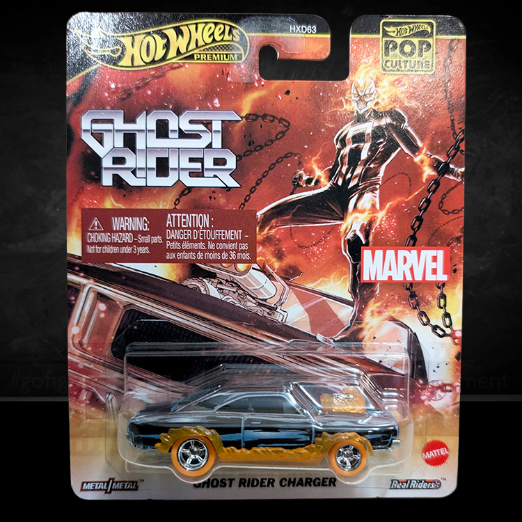 Mattel Hot Wheels Premium Ghost Rider Charger diecast car with flame details and RealRiders tires in collectible packaging
