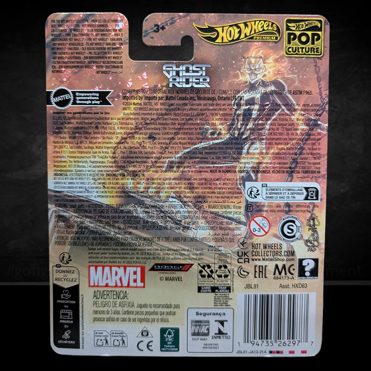 Hot Wheels Premium Ghost Rider Charger packaging featuring Marvel’s Spirit of Vengeance artwork and product details.