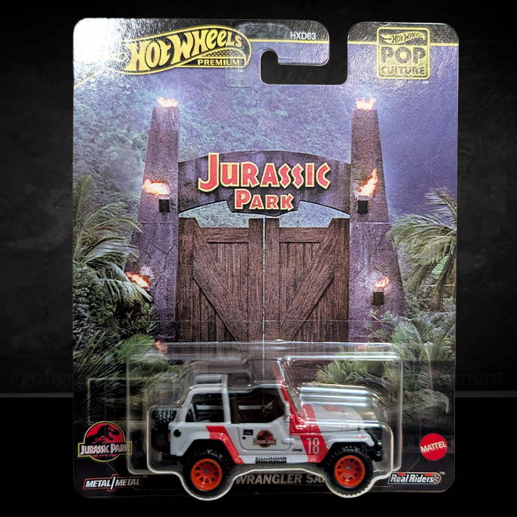 Hot Wheels Premium Jurassic Park 92 Jeep Wrangler Sahara diecast collectible with authentic details and packaging by Mattel