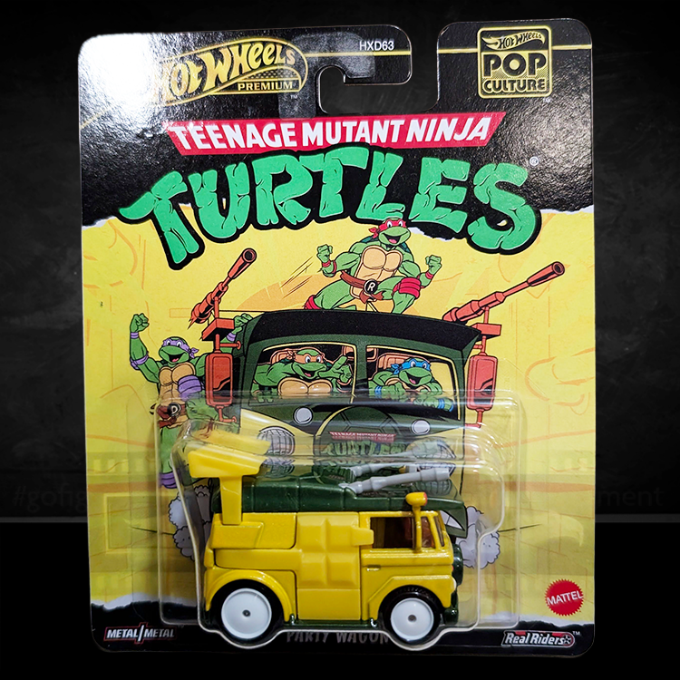 Hot Wheels Premium TMNT Party Wagon diecast car with detailed turtle shell design and RealRiders tires packaging