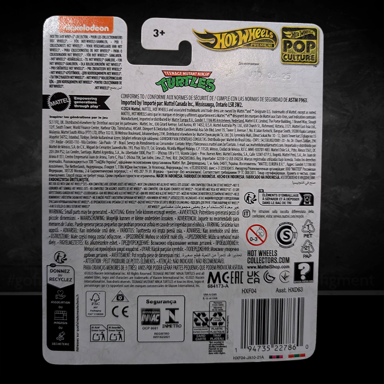 Back packaging of Hot Wheels Premium TMNT Party Wagon diecast car with safety and import information