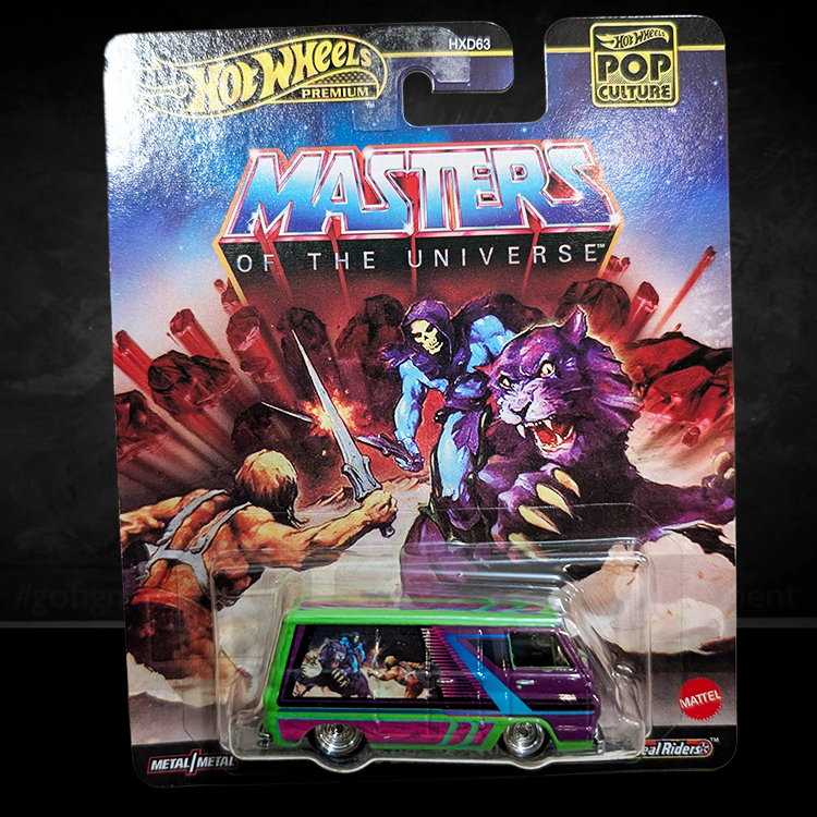 Hot Wheels Premium Masters of the Universe 1966 Dodge A100 Van diecast with vibrant MOTU graphics and RealRiders tires.