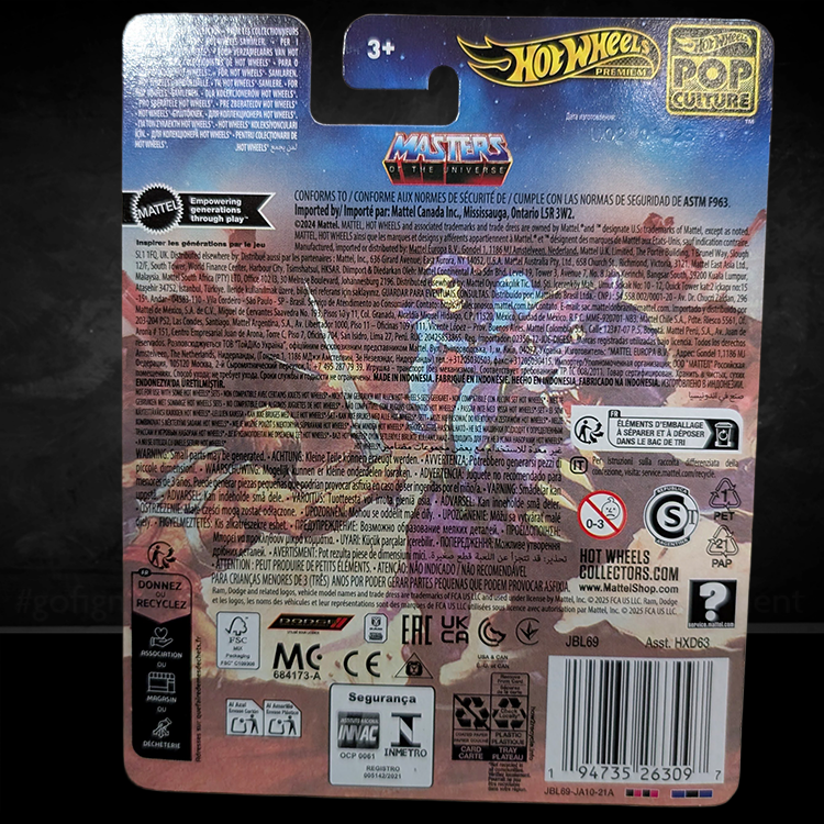 Packaging back of Hot Wheels Premium Masters of the Universe 1966 Dodge A100 Van by Mattel, showing safety and product details