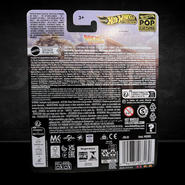 Back of Mattel Hot Wheels Back to the Future Ford Super De Luxe diecast car packaging with product details and warnings