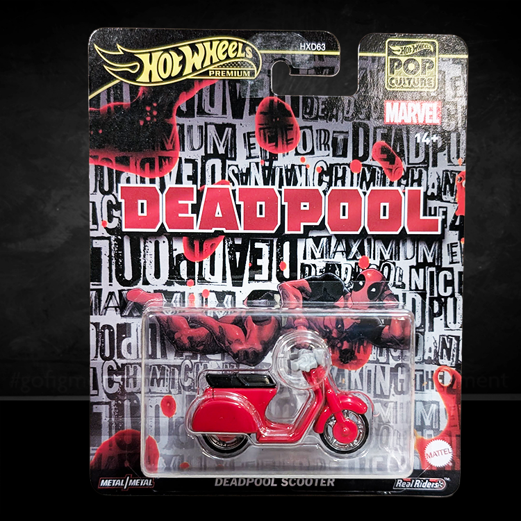 Hot Wheels Premium Deadpool Scooter diecast car in red and black with Marvel and Mattel branding in packaging