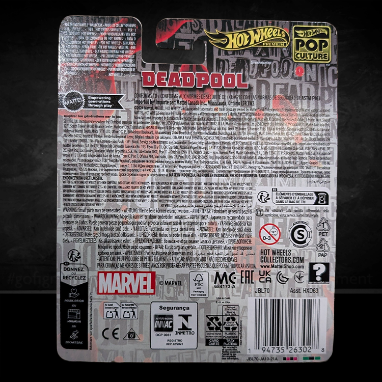 Packaging back for Hot Wheels Premium Deadpool Scooter diecast car by Mattel with Marvel and collector details.