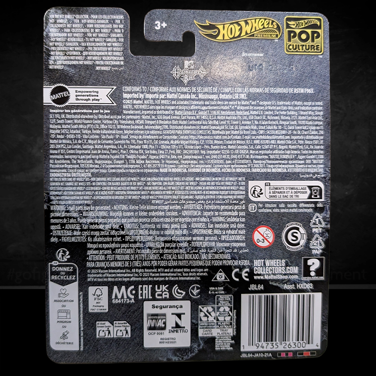 Mattel Hot Wheels Premium MTV Headbangers Ball Tour Bus diecast car packaging back with legal and safety text