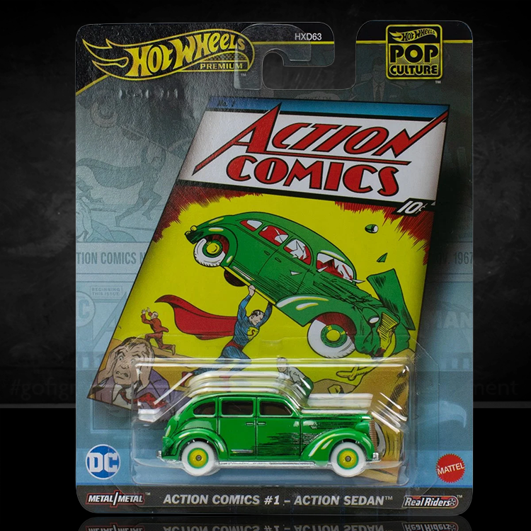 Mattel Hot Wheels Pop Culture 2025 green Action Comics #1 sedan with detailed comic cover graphics and RealRiders tires