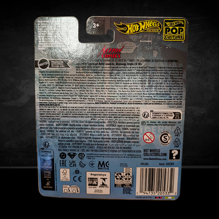Mattel Hot Wheels Pop Culture 2025 Action Comics #1 Sedan packaging with product details and safety information.
