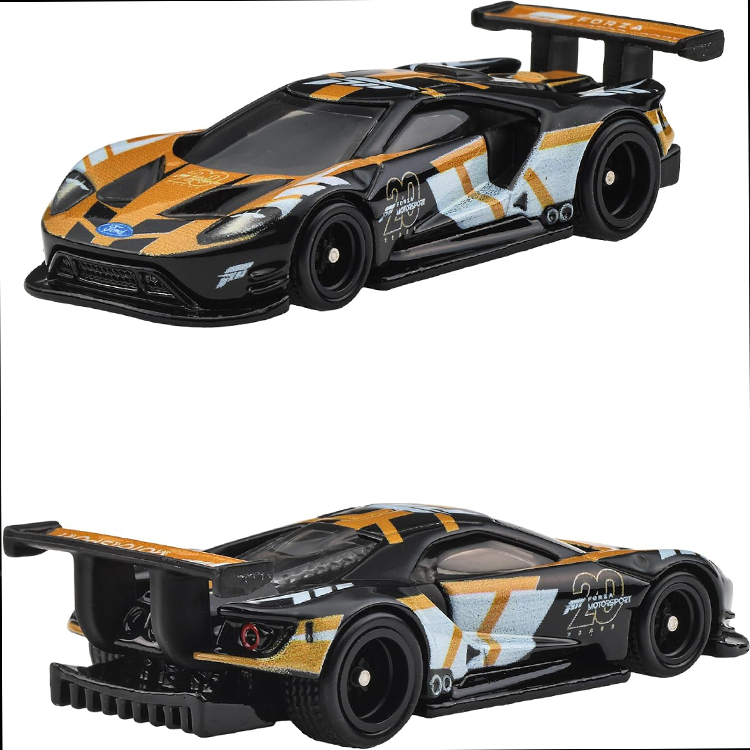 Mattel Hot Wheels 1:64 scale Ford GT race car diecast with black and orange livery and rear spoiler detail