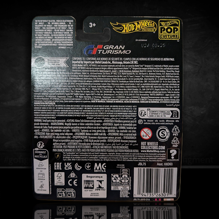 Back of Mattel Hot Wheels Pop Culture 2025 Lamborghini Huracan LP620-2 Super Trofeo packaging.