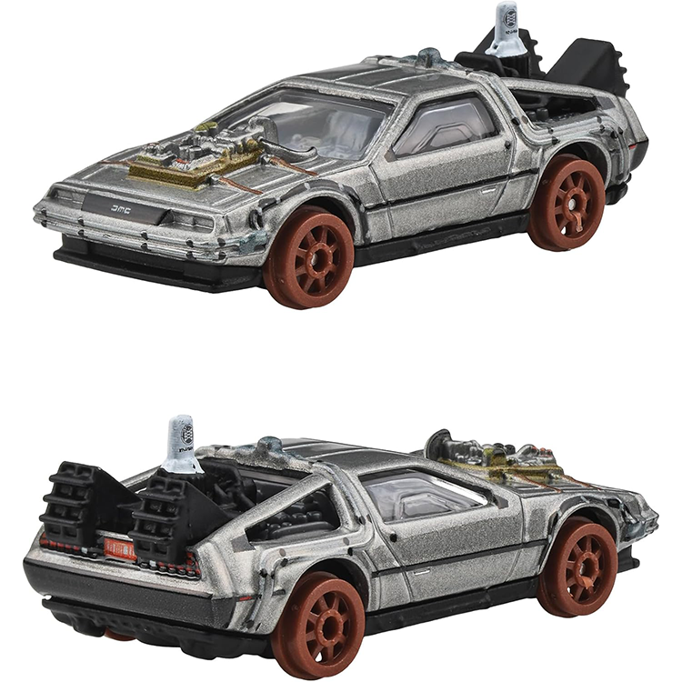 Mattel Hot Wheels 1:64 scale 1955 Back to the Future Time Machine diecast with detailed metal body and RealRiders tires.