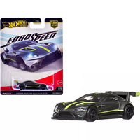 Mattel Hot Wheels Euro Speed Aston Martin Vantage GTE dark gray metallic diecast model car with lime green stripes