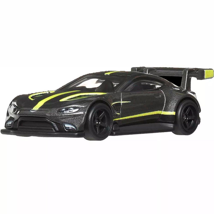Mattel Hot Wheels Aston Martin Vantage GTE diecast model car in dark gray metallic with lime green stripes.