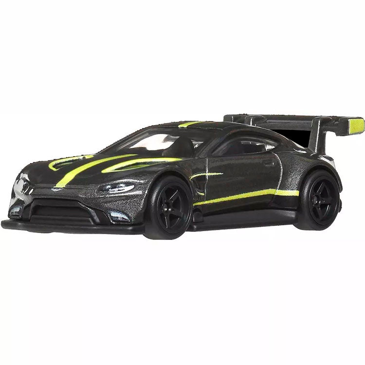 Mattel Hot Wheels Aston Martin Vantage GTE diecast model car in dark gray metallic with lime green stripes.