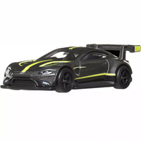 Mattel Hot Wheels Aston Martin Vantage GTE diecast model car in dark gray metallic with lime green stripes.
