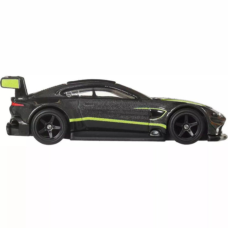 Mattel Hot Wheels Aston Martin Vantage GTE dark gray metallic diecast model with lime green racing stripes