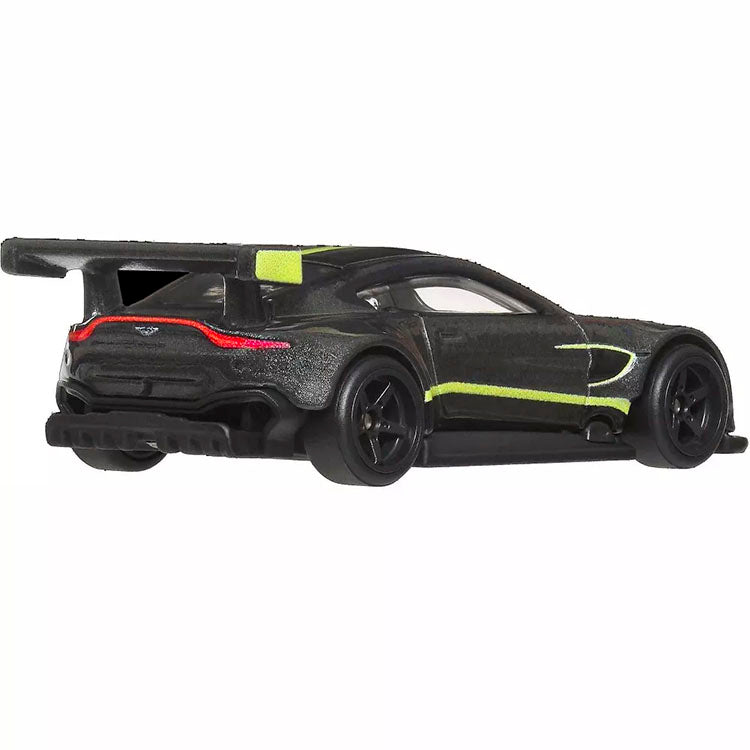 Mattel Hot Wheels Aston Martin Vantage GTE dark gray metallic model car with lime green stripes detailed diecast collectible