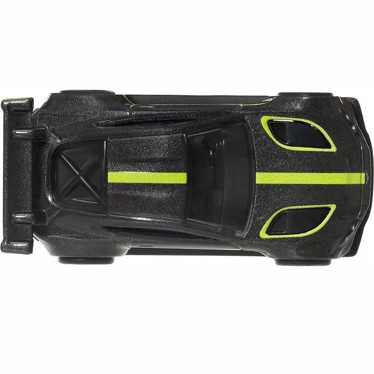 Mattel Hot Wheels Aston Martin Vantage GTE diecast model car in dark gray with lime green racing stripes top view