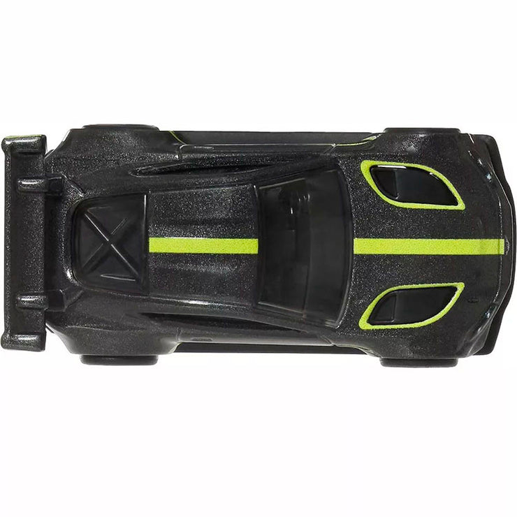 Mattel Hot Wheels Aston Martin Vantage GTE diecast model car in dark gray with lime green racing stripes top view