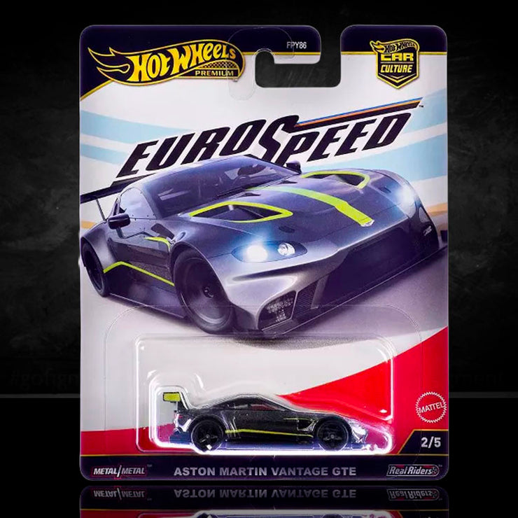 Hot Wheels Premium Euro Speed Aston Martin Vantage GTE model car by Mattel in dark gray with lime stripes packaged