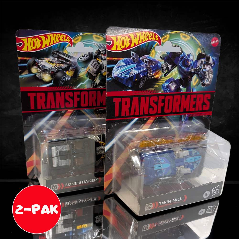 Hasbro Hot Wheels Transformers 2 Pack featuring Bone Shaker and Twin Mill vehicles in original packaging on black surface
