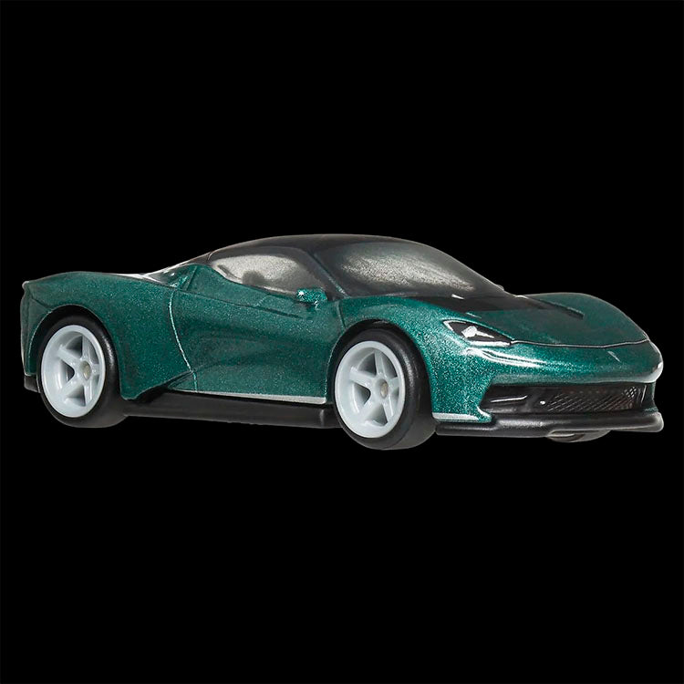 Mattel Hot Wheels green Pininfarina Battista model car with detailed design and white wheels on black background