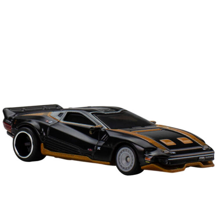 Mattel Hot Wheels Premium Cyberpunk Quadra V-Tech Turbo R die-cast model car in black with orange details