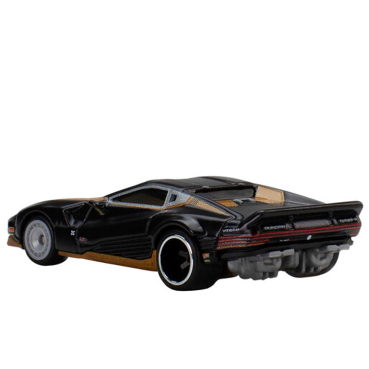 Mattel Hot Wheels Premium Cyberpunk Quadra V-Tech Turbo R die-cast car in black and gold with detailed design